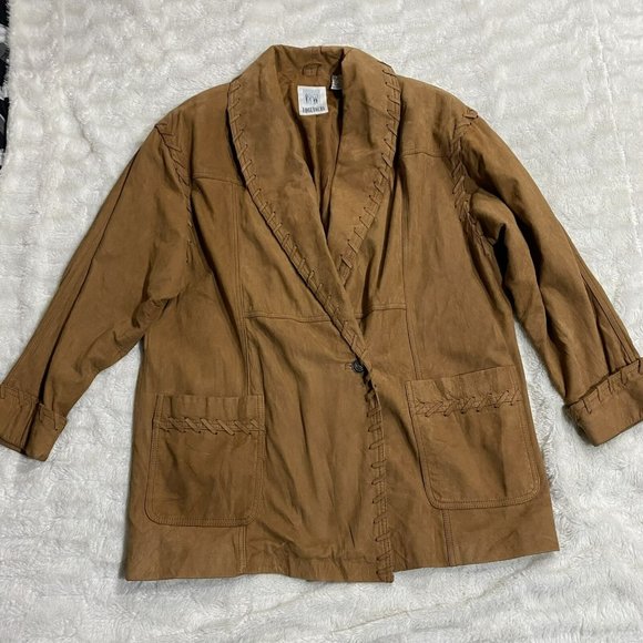 Together Women's Brown Leather Shawl Lapel Single Breasted Blazer Jacket Size L - Picture 1 of 15
